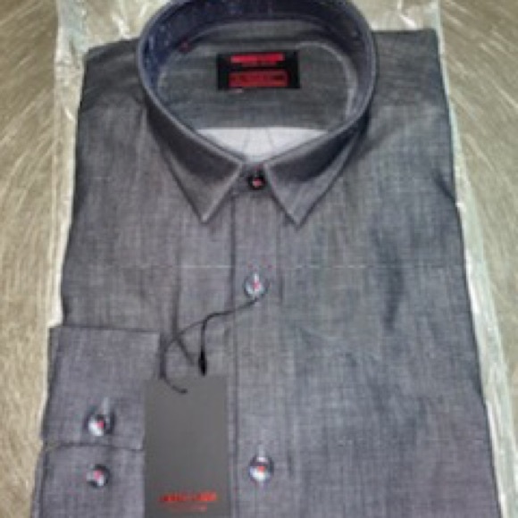 Jared Land Solid Trim Fit Shirt Charcoal Denim S - Picture 3 of 5